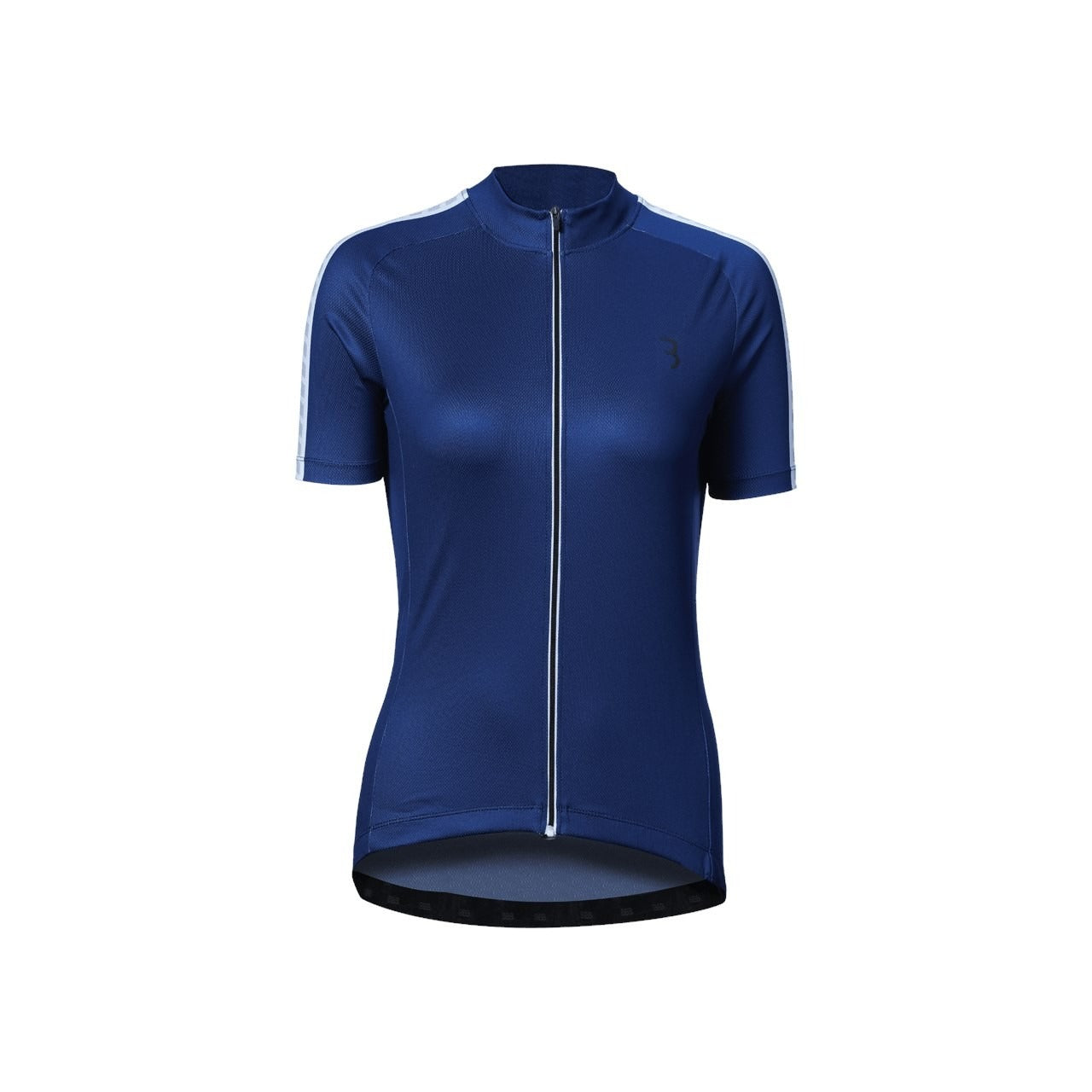 Navy blue cycling jersey with a zipper on a white background