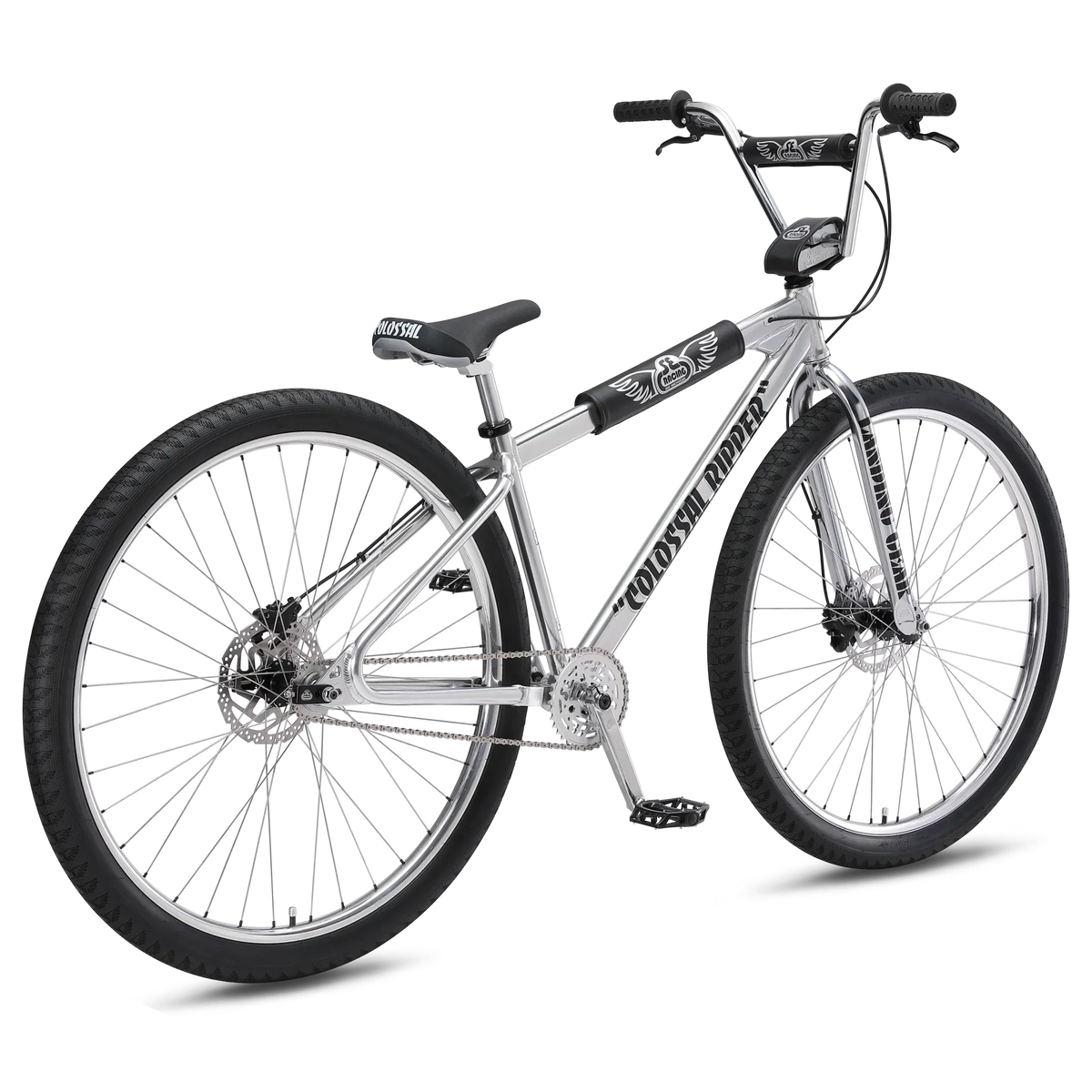 Silver street cruiser bicycle with 'Colossal Ripper' printed on the downtube on a white background