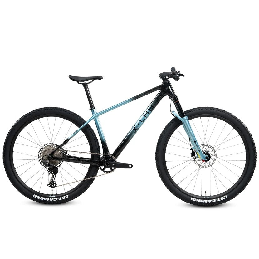A black and light blue X-LAB mountain bike on a white background