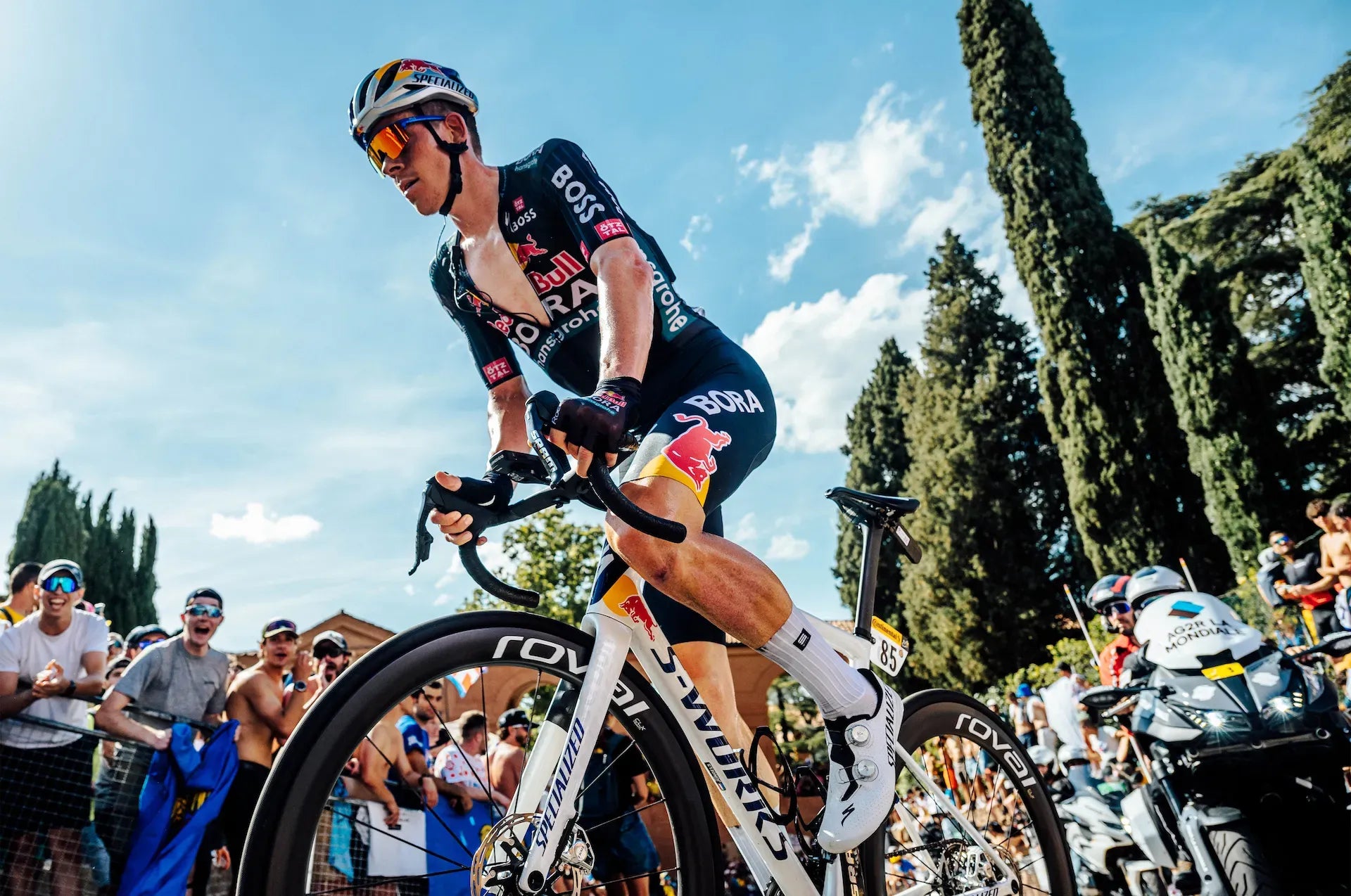 Cyclist in action during a race with a clear blue sky and trees in the background