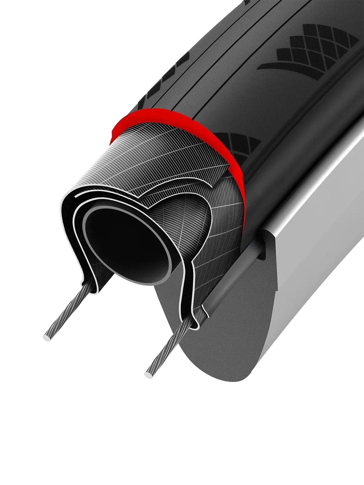 Dissection of a road bike tyre showing the puncture protection compound on the inside on a white background