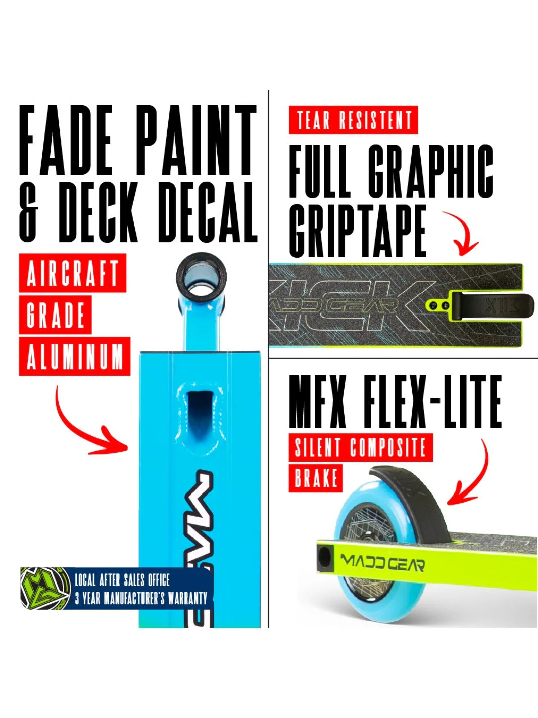 Promotional image of a scooter with text highlighting features like 'Fade Paint & Deck Decal', 'Full Graphic Griptape', 'Aircraft Grade Aluminum', and 'MFX Flex-Lite'.