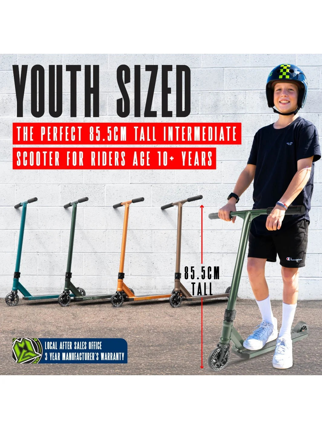 Person standing with a scooter, surrounded by other scooters, on a gray background with promotional text.