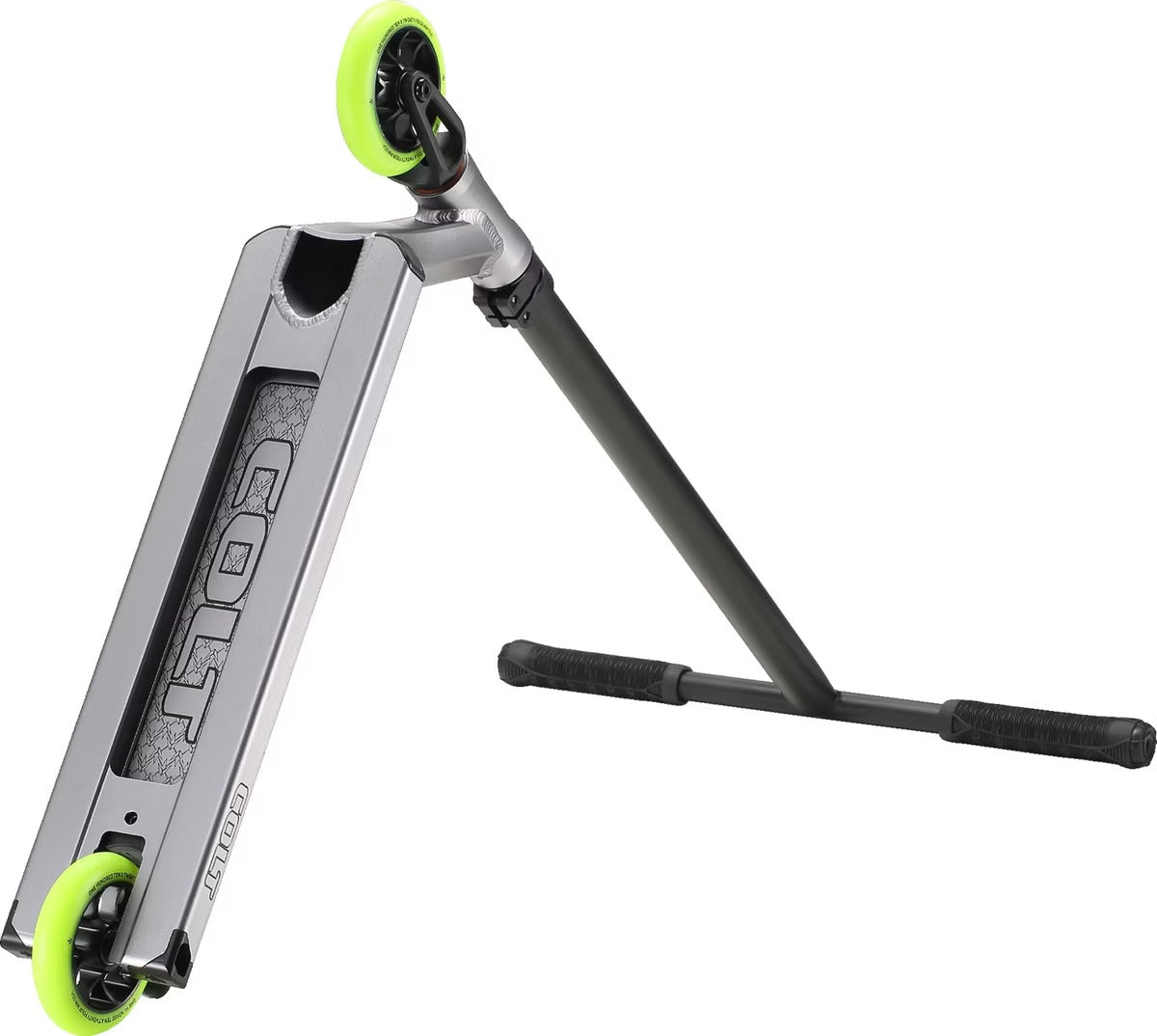  The underneath of a silver black Envy Colt Scooter with green wheels on a white background