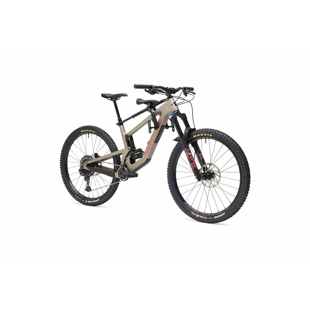 Dual Suspension Mountain bike with a kids seat mounted onto the front top tube on a white background