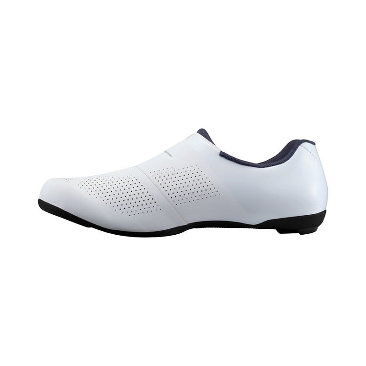 White cycling shoe with black sole on a white background