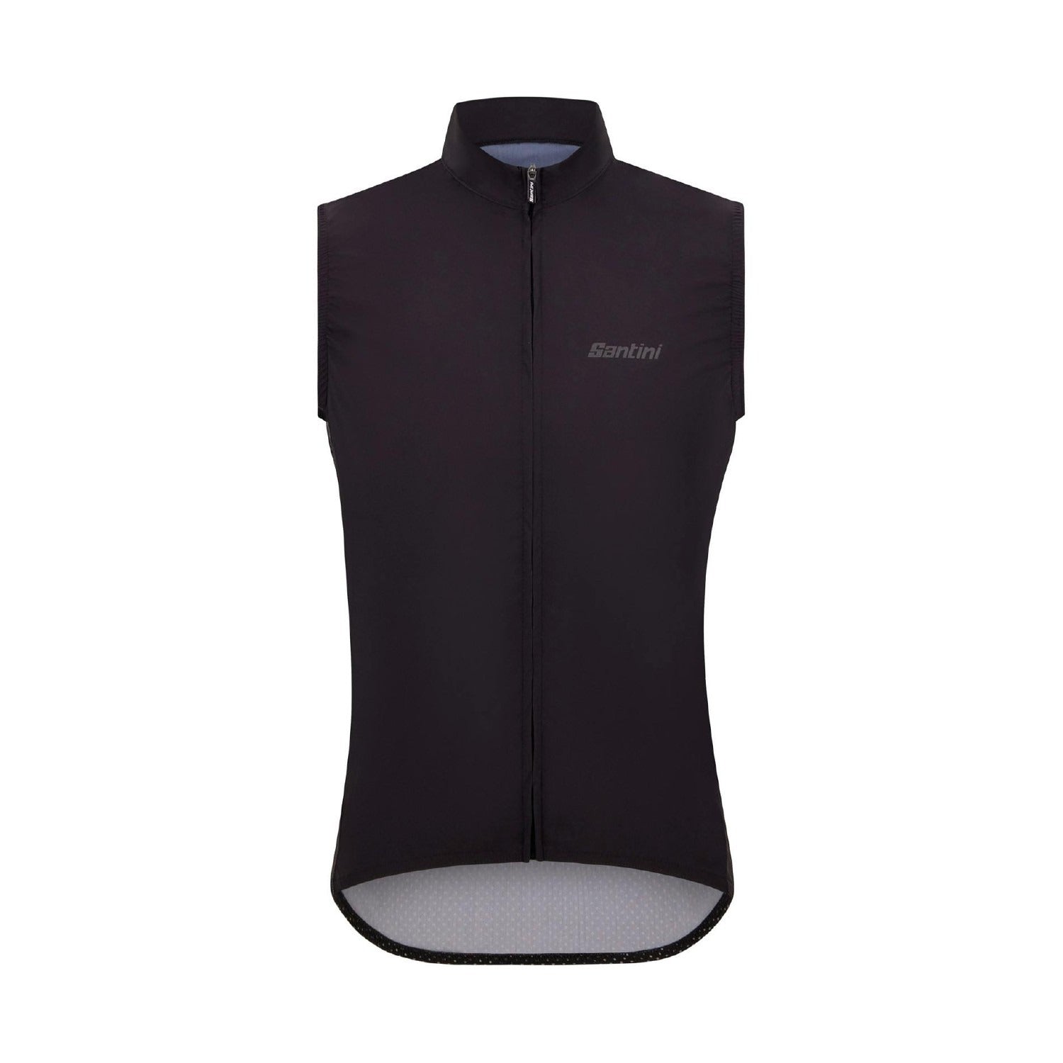 Black cycling vest with the Santini brand logo on a white background