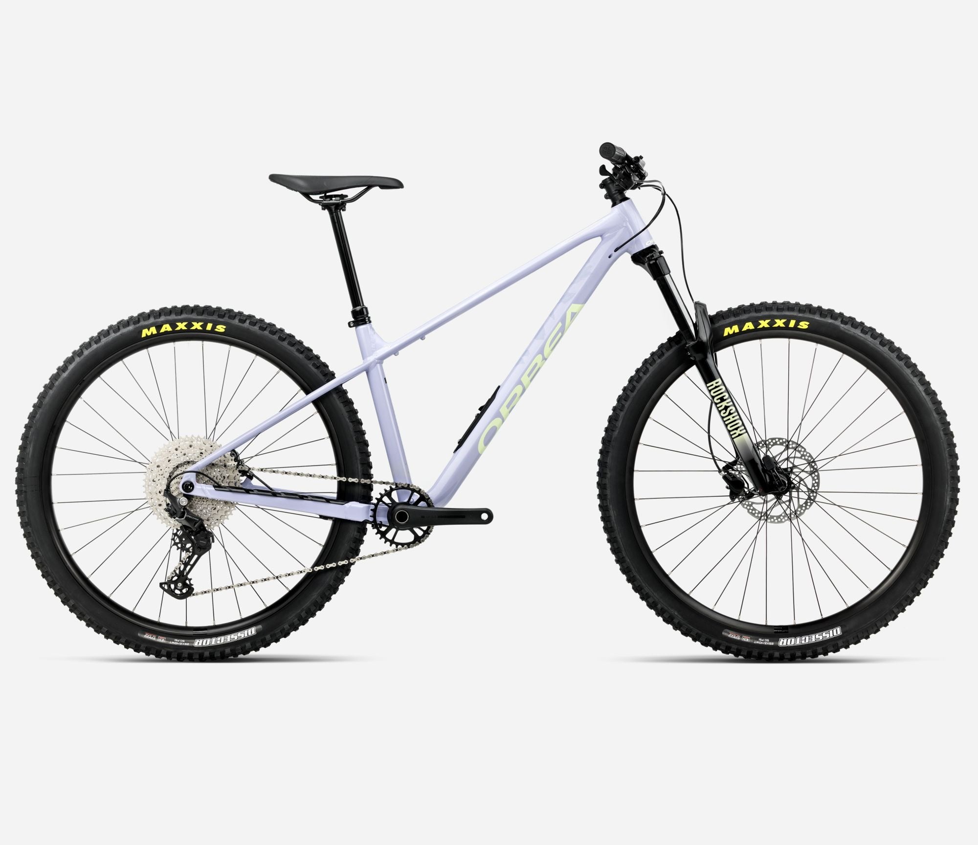 Lilac Orbea mountain bike with black tyres on a white background