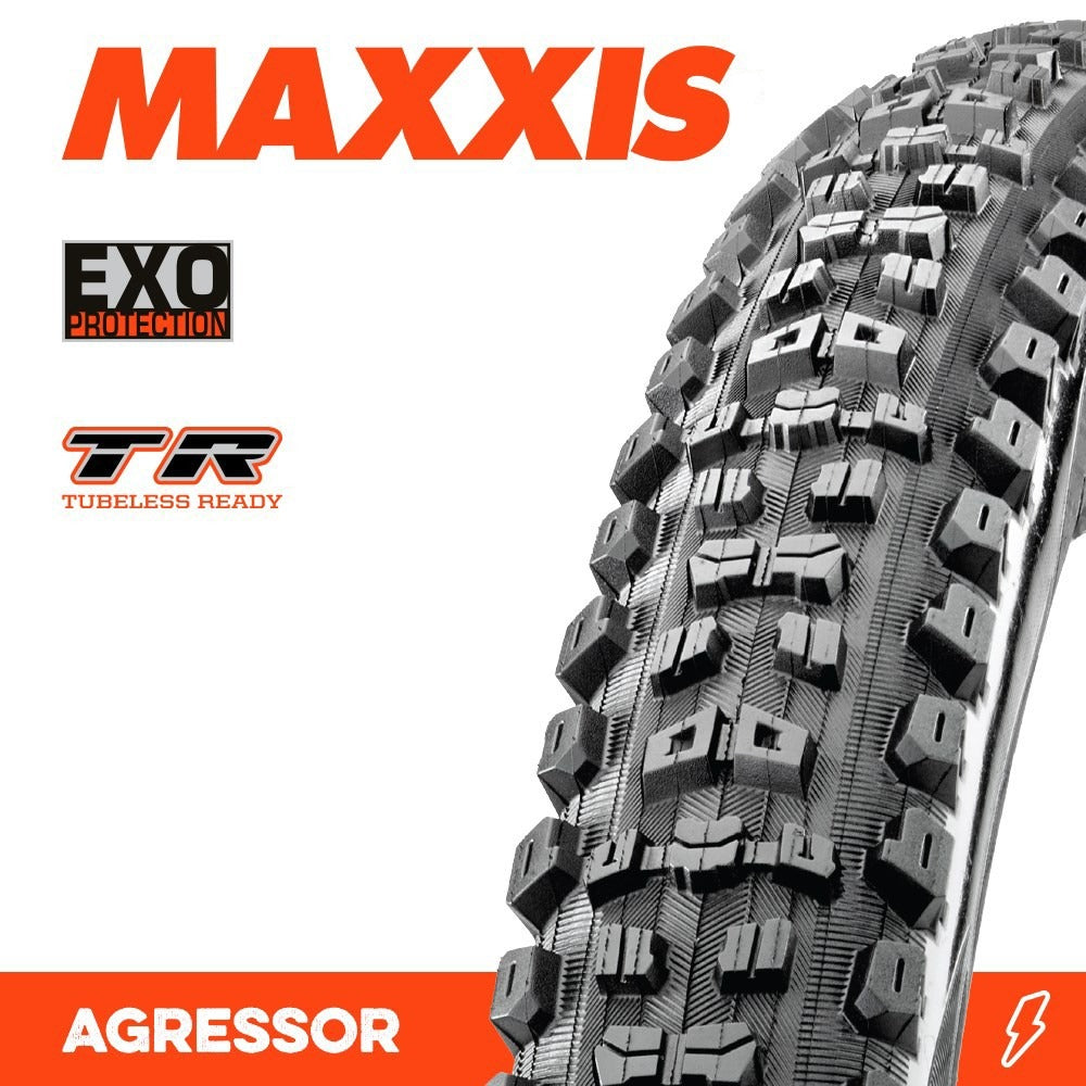 Maxxis Agressor Mountain Bike Tyre with the logo and features of the tyre like 'EXO Protection' and 'TR Tubesless Ready' in the background 