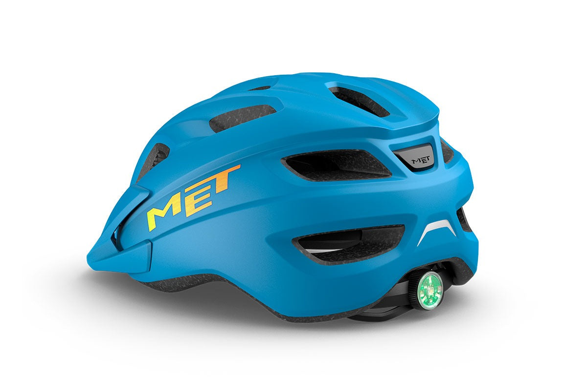 Blue bike helmet with 'MET' branding on a white background
