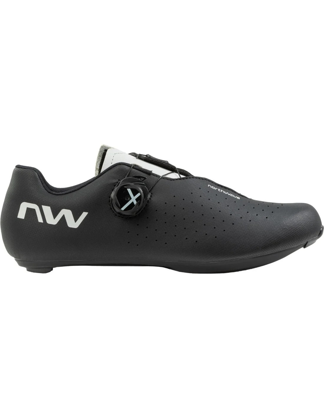 Black road cycling shoe with white logo on a white background
