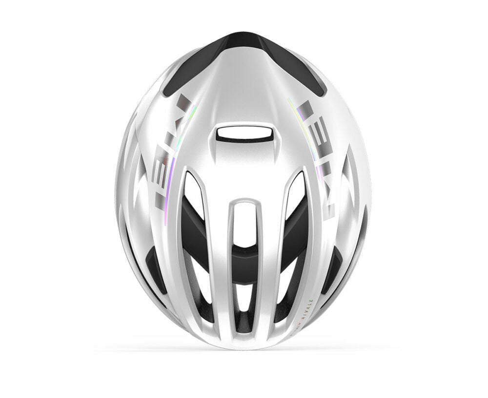 A birds eye view picture of the white Met Rivale II MIPS Road Helmet