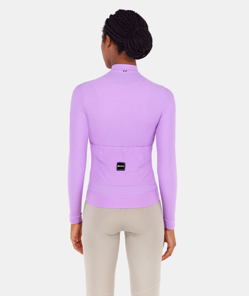 A picture of the back of a lady wearing the Santini Long Sleeve Unisex Winter Fleece Jersey